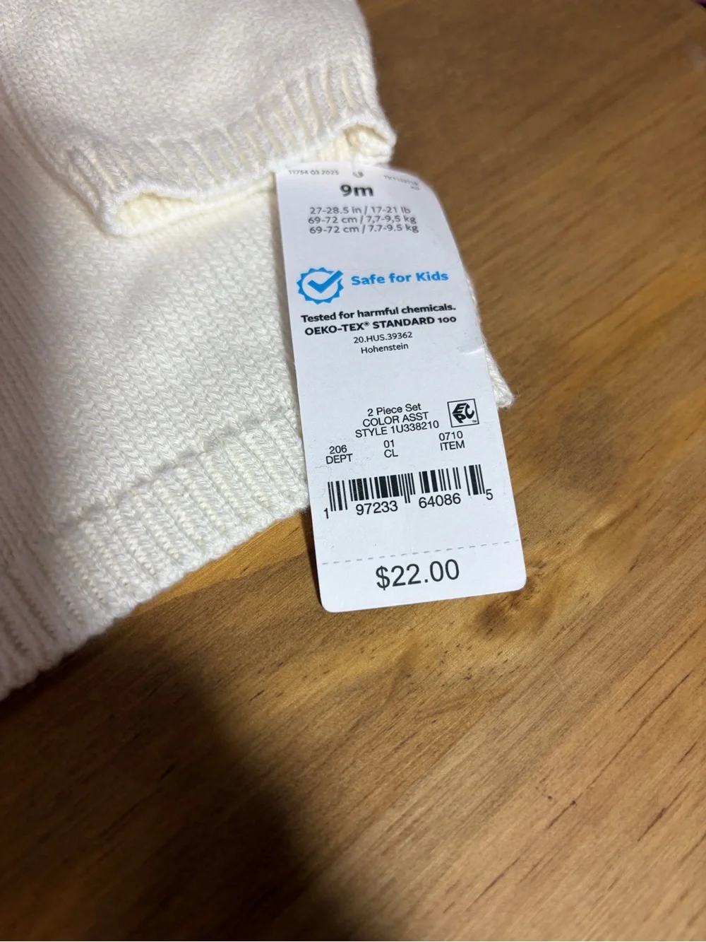 NWT-Carters White & Sage Baby Sweater Set with Clover Knit